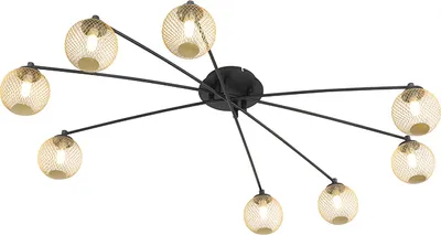 Produktbild von QAZQA - Moderne Deckenleuchte I Deckenlampe I Lampe I Leuchte schwarz mit Gold I Messingenen 8 Lichtern - Athens Wire I Wohnzimmer I Schlafzimmer - Glas Rund - LED geeignet G9
