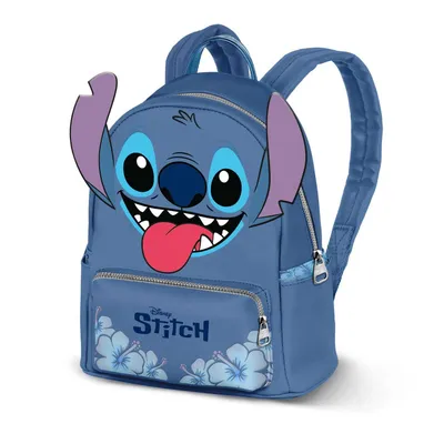 A blue backpack with a cartoon character design.