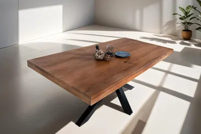 Produktbild von Esstisch 220 x 100 cm Rio, Esszimmertisch nussbaumfarben, Akazienholz massiv, Spider-Gestell aus Metall Schwarz, gerade Kanten