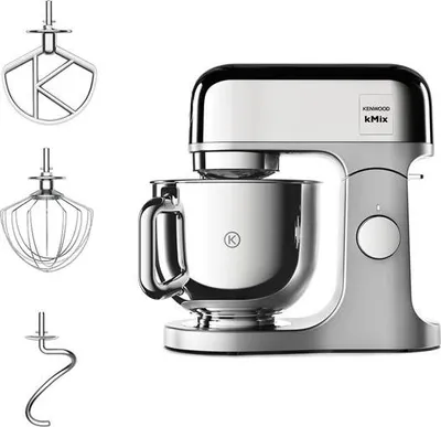 A Kenwood kitchen mixer with its attachments displayed separately.