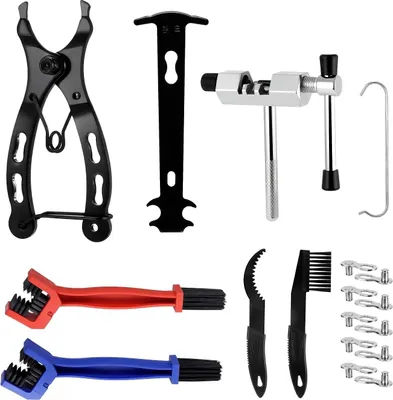 Produktbild von Kettennieter Fahrrad, Fahrradkette Reparatur Set mit Fahrrad Reinigungsbürste, Kettenzange, Kettenschloss Zange und 5 Paar Fahrradketten Nieten, Fahrradkette Werkzeug Set für 6-12 Fach Fahrrad