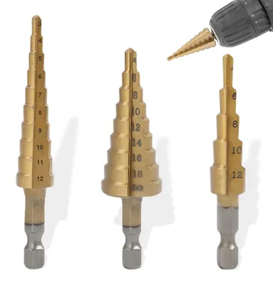 Productafbeelding van Trapboor set, 3 stuks, 3 tot 20 mm, titanium gecoat, zeskant schacht 6,3 mm, voor metaal