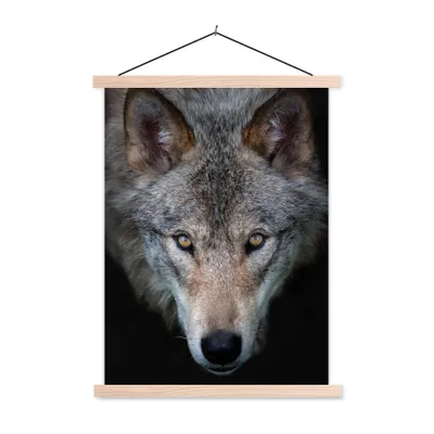 Produktbild von MuchoWow® Textilposter Wolf - Porträt - Schwarz 40x53 cm mit holzfarbenen Rahmen - Schlafzimmer
