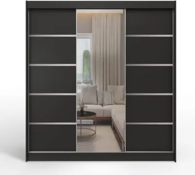 Produktbild von Easy Furniture A6 Schiebetüren Kleiderschrank 250 cm mit Spiegel - Schlafzimmermöbel, Aufbewahrung - Mehrzweckschrank - Farbe: Schwarz - 3 Schiebetüren - Kleiderschrank
