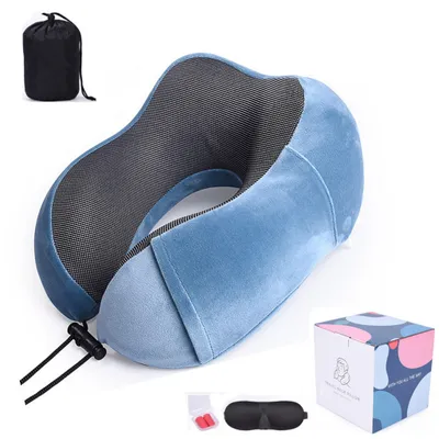 Produktbild von Nackenkissen(hellblau)mit Schlafmaske,Ohrstöpsel,Tasche,weicher Memory-Schaum,ergonomisch geformtes Nackenstützkissen,Reisekissen ideal für Reisen