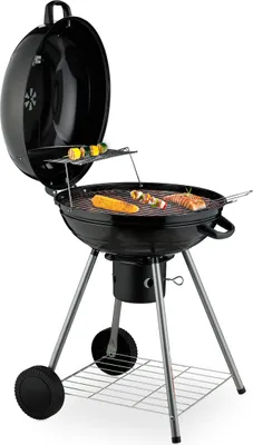 Image de Barbecue sphérique Relaxdays, Ø 53 cm, 2 grilles, thermomètre, cendrier, barbecue au charbon de bois avec roulettes, BBQ, fumoir, noir