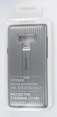 The image shows the packaging of a Samsung protective standing cover for the Galaxy Note 9.