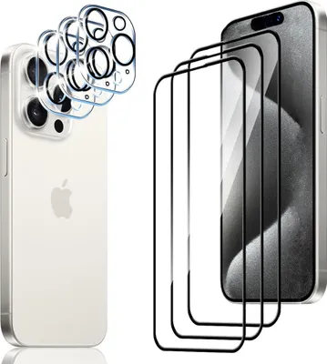 A white iPhone with camera lens protectors and screen protectors shown separately.