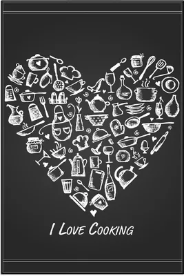 Produktbild von Wallario Wandbild I Love Cooking - Herz aus Küchenutensilien in schwarz weiß, Größe: 61 x 91,50 cm, Poster mit schwarzem Aluminiumrahmen