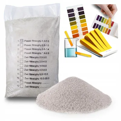 Obrázek produktu pro Filtrační písek do bazénů 0,4–0,8 mm, křemenný písek 20 kg pro zahradní a nadzemní bazény, včetně 80 testovacích proužků na pH