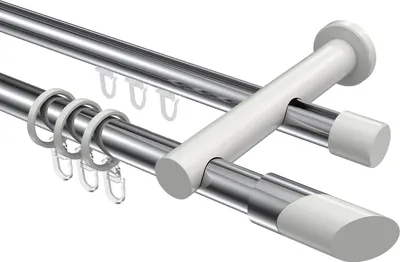 Produktbild von Interdeco Rundrohr-Innenlaufstange / Gardinenstange (Kombination) Chrom / Weiß, Typ Platon Verano (Schräge Bicolor), 20 mm Ø 2-läufig, 320 cm