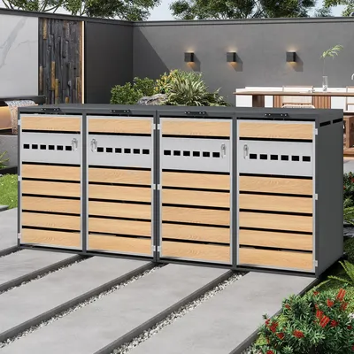 Produktbild von Merax 2er-Set Mülltonnenbox mit Klappdeckel und 2 Fächer, abschließbare Mülltonnenverkleidung mit Holzoptik und Stahl, für Garten und Außenbereich