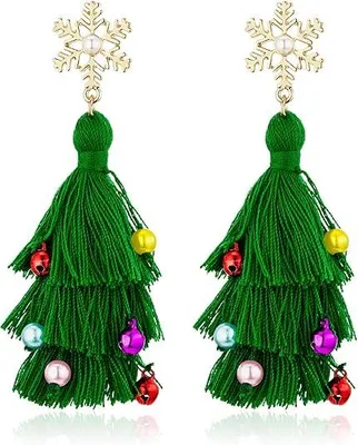 Produktbild von Weihnachtsbaum Ohrringe Damen - 9cm - Weihnachtsohrringe mit Quasten - Grüne Ohrhänger - Weihnachtsbaum Ohrschmuck mit bunten Perlen