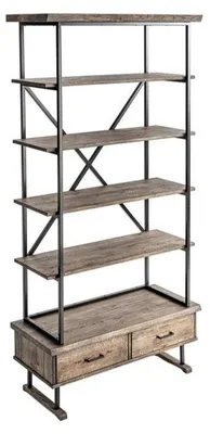 Immagine prodotto di Scaffale rustico in legno e metallo con ripiani aperti e cassetto