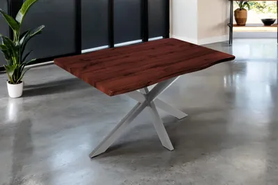 Produktbild von Esstisch Josy | 140 x 80 cm | Holz Nussbaum-Optik | Spider-Gestell Metall Silber | 40 mm Tischplatte mit Baumkante | Tisch für Esszimmer & Küche