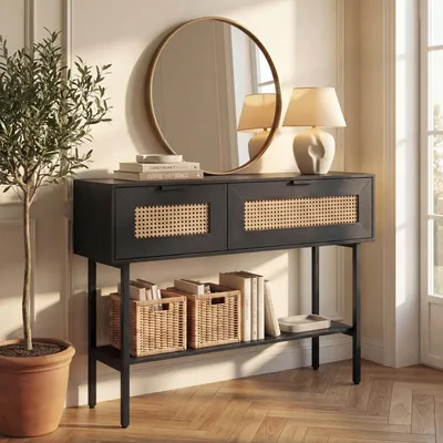Zdjęcie produktu dla Stolik konsolowy, wąski, z efektem rattanu i składanymi drzwiczkami, kolor czarny, wymiary: 100 x 29,5 x 76 cm