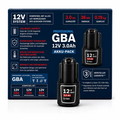 Obrázok produktu pre 12 V, 3,0 Ah akumulátor kompatibilný s náradím Bosch Professional GBA