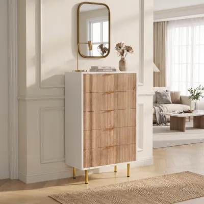 Zdjęcie produktu dla Komoda INONEFT, 5 szuflad, szafka do przechowywania, drewniana komoda, idealna do przechowywania przedmiotów domowych, kolor: drewno + biały, przeznaczona do salonu