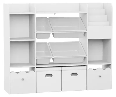 Produktbild von Spielzeugregal Kinder - Bücherregal mit Aufbewahrung - 4 Spielzeugboxen - 2 herausnehmbare Schubladen - Holzrahmen - Weiß
