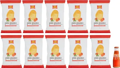 Produktbild von 10er-Pack San Carlo Più Gusto Pomodorini di Stagione Patatine,Tomatengeschmack Kartoffelchips Chips,150g Beutel und 1x Aperitivo Italiano 10cl