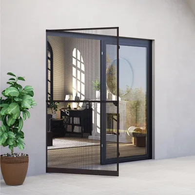 Produktbild von JALOUSIESCOUT Insektenschutz-Fliegengittertür ProtectLine, 80 x 200 cm, anthrazit-braun Aluminiumrahmen, selbstschließend  Trittschutz  kürzbar