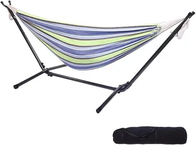 Imagen del producto de Hamaca con estructura, estructura de metal, capacidad de carga de hasta 250 kg, dimensiones 305x109x104 cm, ajustable en 6 alturas diferentes (color lila-verde)