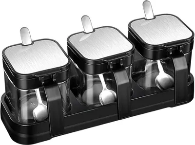 Produktbild von Glas-Kräuterbox mit Deckel und Löffel – 3er-Set – Küchenorganizer für Kräuter und Zucker – platzsparende Gewürztöpfchen