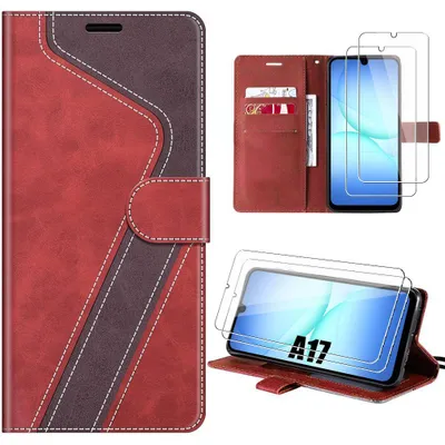 Image de Coque + 2 Verres Trempés pour Samsung Galaxy A17 5G/4G, Protection Anti-Rayures CuirPolyuréthaneRouge