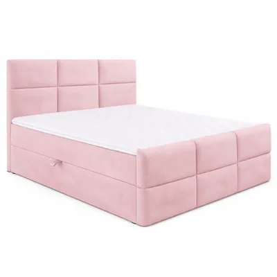 Zdjęcie produktu dla Łóżko kontynentalne BELLA, wymiary 200 x 200 x 108 cm, obite tkaniną MANILA w kolorze różowym, z pojemnikiem na pościel i materacem topper, w zestawie