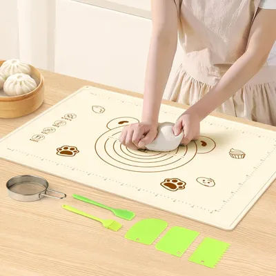 Productafbeelding van Non-Stick Bakmat Set van 5, Silicone, Inclusief Poedermolen en Oliekwast, voor Bakken