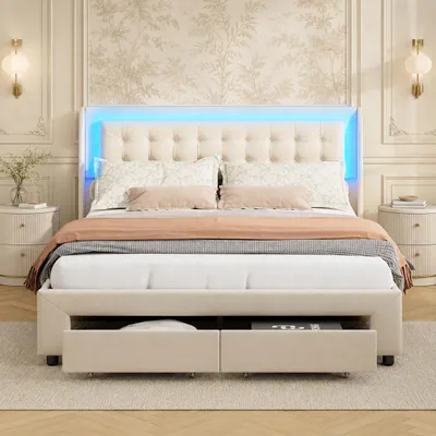 Obrázok produktu pre INONEFT čalúnená posteľ 180x200 cm s LED osvetlením, dvojlôžko s hydraulickým úložným priestorom, posteľ pre mládež so 2 zásuvkami, materiál: zamat, farba: béžová, productTiles.product.images.aiGenerated