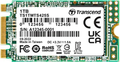 A close-up, top-down view of a Transcend MTS425S M.2 2242 SSD on a white background.