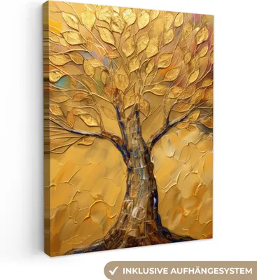 Produktbild von MuchoWow® - Leinwandbilder - Gold - Baum - Abstrakt - Modern, Wandbild, Wanddeko Bilder Wohnzimmer, 90x120cm