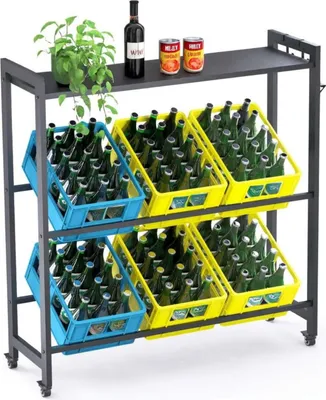 Produktbild von DanDiBo Getränkekistenregal 6 Kisten mit Ablagefäche Rollen Haken Metall Schwarz 96653 Getränkeregal Kistenregal Getränke Regal Behälter