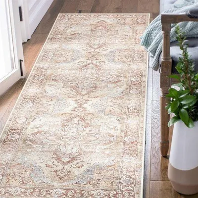 Zdjęcie produktu dla Ibenzoa® Dywanik 60 x 180 cm – możliwość prania, antypoślizgowy, 100% polipropylen, niski włos, kolor ceglasty z orientalnym wzorem kwiatowym w stylu vintage