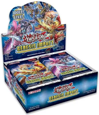 A display box of Yu-Gi-Oh! Genesis Impact trading card game booster packs.