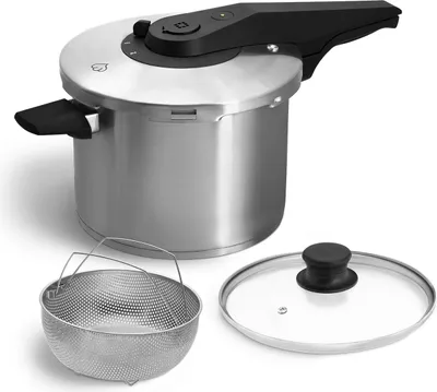 Produktbild von SPRINGLANE Edelstahl Schnellkochtopf 6,0 L inkl. Dampfgarer und Glasdeckel, Dampfkochtopf, Induktion, 5-fach-Sicherheitsmechanismus