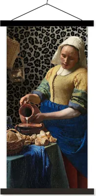 Produktbild von MuchoWow® Textilposter Milchmädchen - Kunst - Pantherdruck - Vermeer - Gemälde - Alte Meister 90x180 cm mit schwarzem Rahmen - Dekoration Wohnzimmer