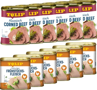 Produktbild von TULIP Bundle Frühstücksfleisch Corned Beef Hähnchen Delikatesse Konserve 12x340g