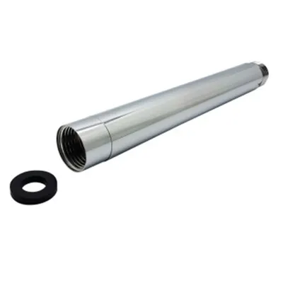 A chrome-plated shower arm extension and a black rubber washer are shown against a white background.
