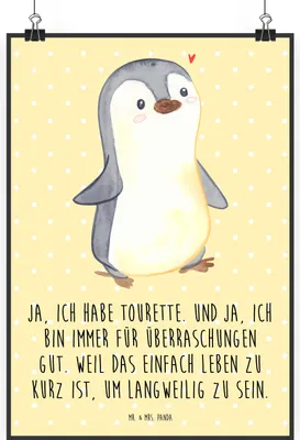 Produktbild von Mr. & Mrs. Panda Bild Pinguin Tourette DIN A2 - Gelb Pastell - Geschenk, Kunstdruck, wanddeko, Neuro-psychiatrische Erkrankung, Syndrom, Wandbild, Ticstörung, Posterdruck