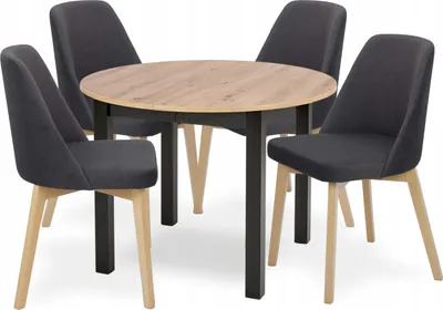 Produktbild von Esstisch mit 4 Stühlen - Runder Ausziehbarer Tisch - 102-142 cm Durchmesser - Aus Holz - 5-teiliges Set - Essgruppe - Sitzgruppe - Schwarze Stühle