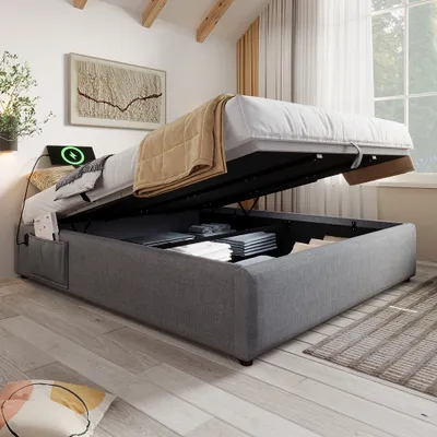 Obrázek produktu pro Čalouněná postel Sweiko, manželská postel 140×200 cm, úložný prostor, rám postele s USB C a celočalouněným roštem, bez čela, bavlna, šedá, bez matrace