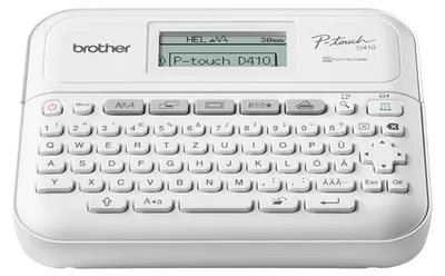 A white Brother P-touch D410 desktop label maker with a keyboard and screen.