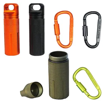 Obrázok produktu pre Vodotesný kovový obal na tablety, puzdro na lieky s karabínkou, rozmer 7,3 cm x 2,4 cm, vyrobené z hliníkovej zliatiny