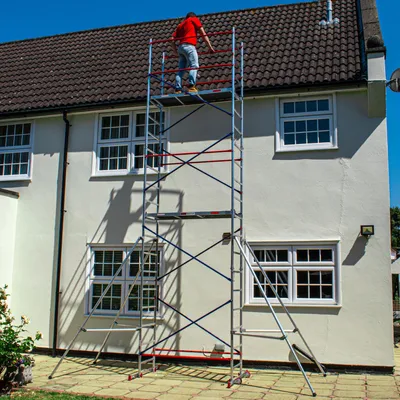 Produktbild von Home Master DIY-Gerüstturm | Aluminium-Heimgerüst | 150 kg Tragkraft, Schnellmontage, Plattform mit Falltür | 4 m + 2 Ausleger
