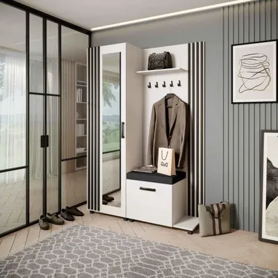 Image de Armoire LIVIA – Ensemble vestiaire avec miroir et cintres, blanc, lamelles noires, coussin d'assise noir, à droite