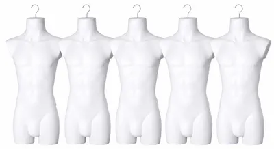 Produktbild von 5er Set Torso männlich -  Herrentorso lebensecht aus Kunststoff - Oberkörper Halbplastik in Farbe Weiß - Mannequin Büste - Halbschale Herrenbody - Schaufensterpuppe mit Haken - 5 Stück Dekotorso