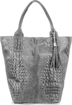 Immagine prodotto di Grande borsa shopper in pelle grigia, pelle di coccodrillo, borsa a sacco CON TASCHETTA L94