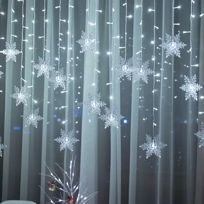 Produktbild von LED Schneeflocke Lichterkette Weiß Lichtervorhang 8 Lichtmodi Innen Außen Garten Fenster Weihnachten Beleuchtung